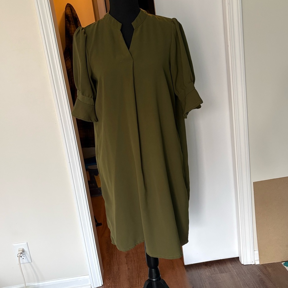 Olive Green V-Neck Shift Dress